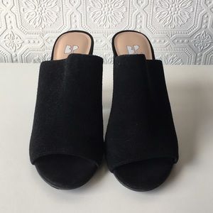 BP brass Plum Nordstrom black suede heeled mules